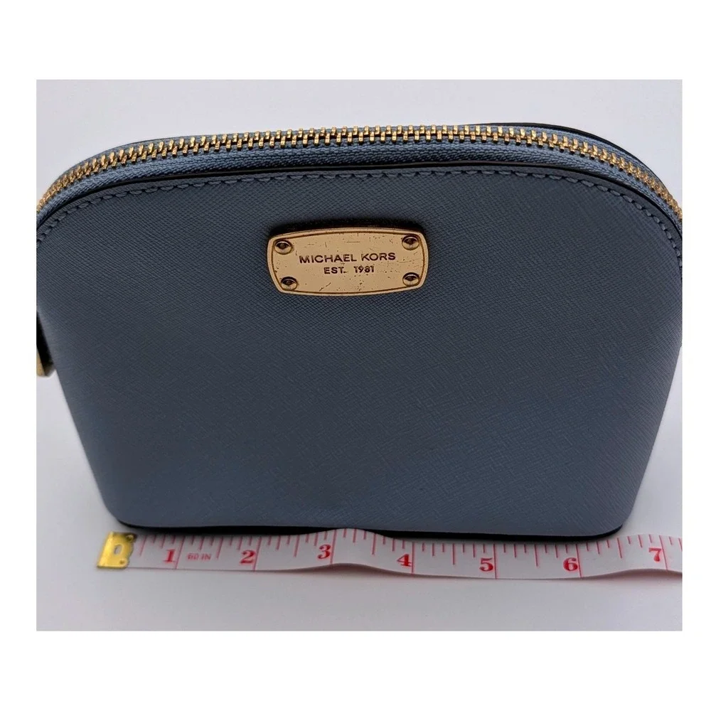 Michael Kors Cindy Travel Pouch Saffiano Leather Dome Cosmetic Bag Light Blue